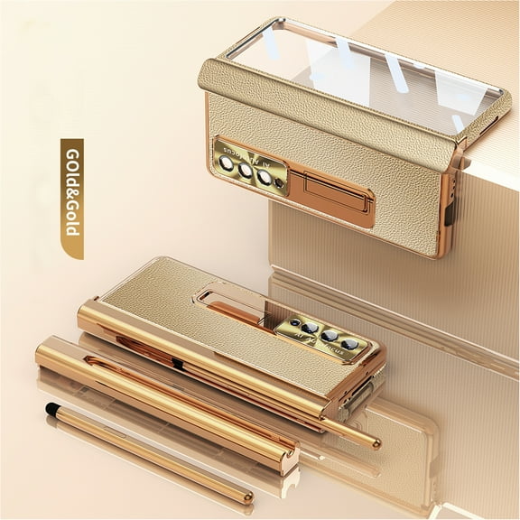 K-Lion for Samsung Galaxy Z Fold 4 Full Body Case, Built-in Tempered Glass Screen Protector Lens Film Plating Hinges Pen Solt Kickstand Shockproof Case for Samsung Z Fold 4,Gold+Gold