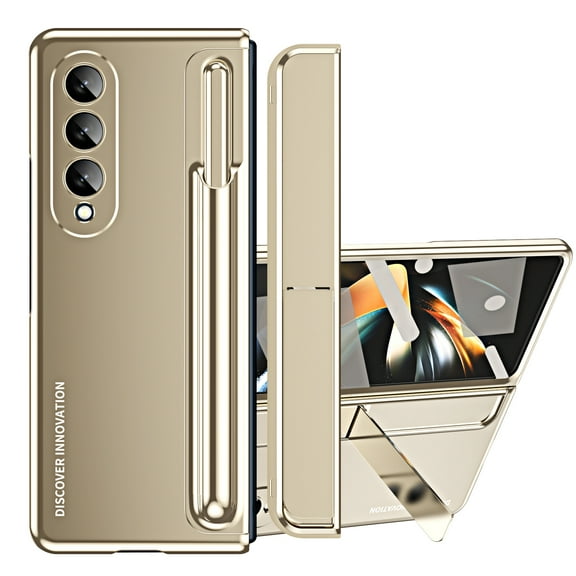 K-Lion for Samsung Galaxy Z Fold 4 Rugged Case, Luxury Full Body Protective Hinge Protection Built-in Hidden Kickstand Screen Protector Removable Pen Slot Complimentary Stylus Shockproof Case,Gold