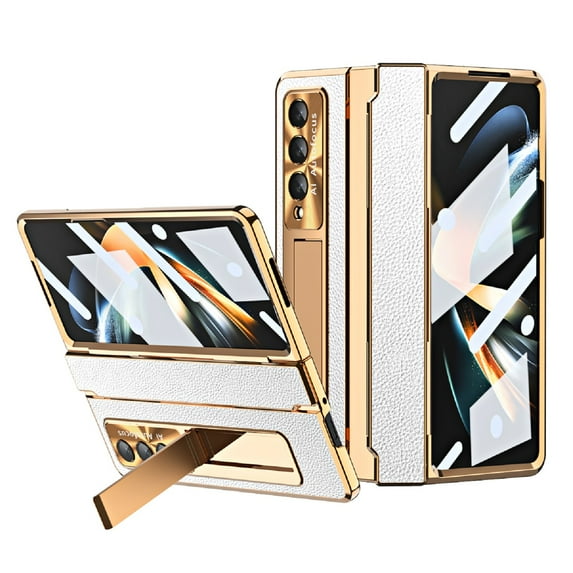 K-Lion for Samsung Galaxy Z Fold 4 Rugged Case, Luxury PC Built-in Hidden Kickstand Hinge Protection Support Wireless Charging Camera Protection Shockproof Protective Case,White