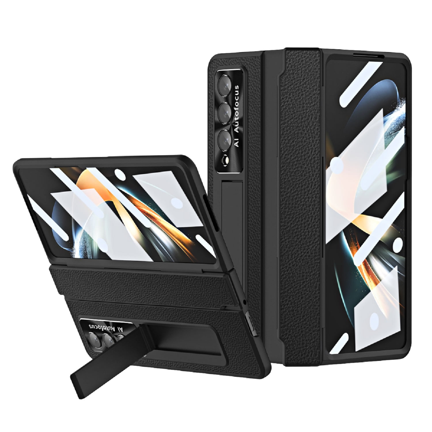 K-Lion for Samsung Galaxy Z Fold 4  Rugged Case, Luxury PC Built-in Hidden Kickstand Hinge Protection Support Wireless Charging Camera Protection Shockproof Protective Case,Black