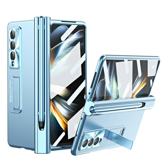 K-Lion for Samsung Galaxy Z Fold 4 Rugged Case, Screen Protector Camera Lens Flim Magnetic Hinge Protection Pen Holder Hidden Kickstand Shockproof Plating Phone Case,Blue