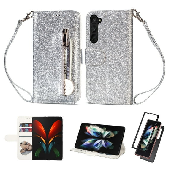 K-Lion for Samsung Galaxy Z Fold 5 Flip Wallet Case ,Bling Glitter Leather Zipper Pocket Card Slots Kickstand Function Case Magnetic Clasp Detachable Lanyard Shoockproof Case Cover,Silver