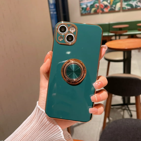 K-Lion Slim Case for iPhone 13 6.1 Inch, Plating Frame Soft TPU Metal Ring Holder Kickstand Function Raised Lips Full Protection Shockproof Anti-scratch Case for iPhone 13,Darkgreen