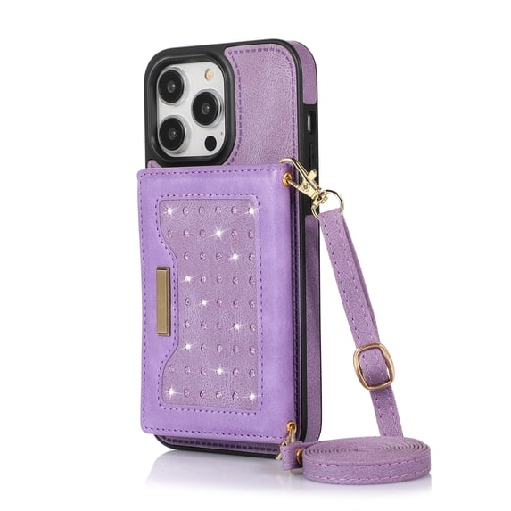 K-Lion Stylish Wallet Case for iPhone 14 Pro Max Flip Card Slots Diamond Bling Sparkle Design RFID Function Detachable Shoulder Strap Girls Women Purse Case For iPhone 14 Pro Max,Purple