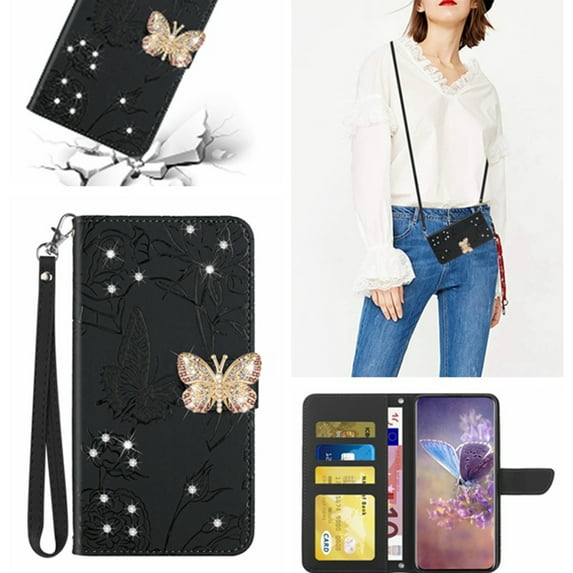 K-Lion Wallet Case for Moto G Stylus 5G(2023),Bling Diamond PU Leather Card Holder Flip Case Glossy Kickstand Shockproof Case Cover with Crossbody Lanyard Strap for Women Girls,Black