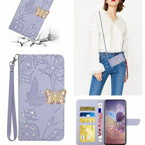 K-Lion Wallet Case for Samsung Galaxy A50,Bling Diamond PU Leather Card Holder Flip Case Glossy Kickstand Shockproof Case Cover with Crossbody Lanyard Strap for Women Girls,Lightpurple