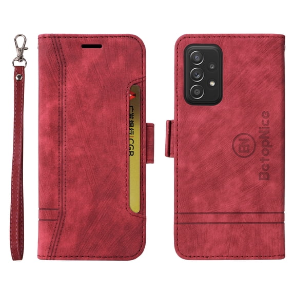 K-Lion Wallet Case for Samsung Galaxy A52 4G/5G,Shockproof Magnetic Clasp Folio Flip Kickstand ID Credit Card Slots Holder PU Leather Wallet Phone Cover with Wrist Strap,Red