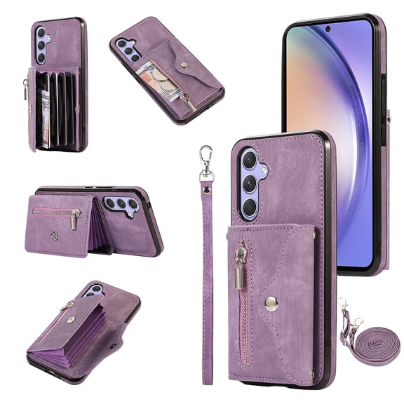 K-Lion Wallet Case for Samsung Galaxy A54 5G ,RFID Brocking Crossbody Card Holder Zipper Pocket Case Kickstand Function Shockproof Purse Phone Cover with Detachable Shoulder Strap,Purple