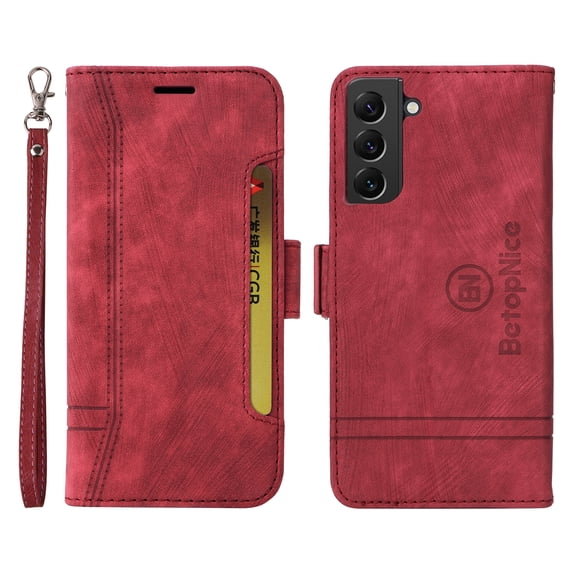 K-Lion Wallet Case for Samsung Galaxy S22 5G 6.1 inch,Shockproof Magnetic Clasp Folio Flip Kickstand ID Credit Card Slots Holder PU Leather Wallet Phone Cover with Wrist Strap,Red