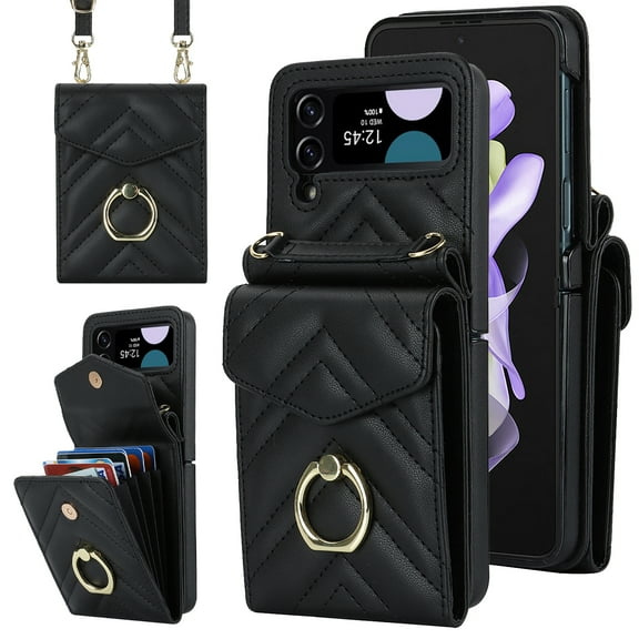 K-Lion Wallet Case for Samsung Galaxy Z Flip 3,Premium Leather Case with Organ Card Slots RFID Blocking Metal Ring Holder Crossbody Shoulder Strap Luxury Purse Case for Women Girls,Black