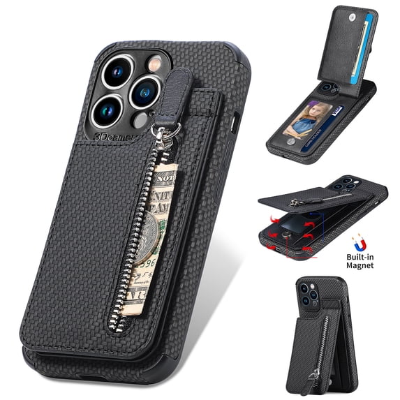 K-Lion Wallet Case for iPhone 12 Mini 5.4 Inch, Zipper Wallet Case with Credit Card Holder, Weave Pattern Slim Fit Card Holder Case for iPhone 12 Mini,Black