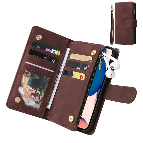 K-Lion Wallet Case for iPhone 12, iPhone 12 Pro Case with Card Holder Wrist Strap for Women Men, Soft PU Leather Kickstand Zipper Flip Folio Protective Phone Cover 6.1 Inch,Coffee