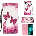 thumbnail image 1 of K-Lion Wallet Case for iPhone 14 Pro Max 6.7 inch Cute for Women Premium PU Leather Flip Cover with Lanyard Camera Protector Card Holder Stand Protective Phone Case Cover, Pink Butterfly, 1 of 5