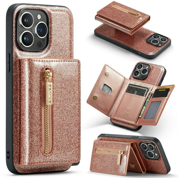 K-Lion Wallet Case for iPhone 14 Pro Max Luxury Glitter Bling Leather Design Detachable Card Slots Zipper Pocket Magnetic Clasp Kickstand Shockproof Purse Case For iPhone 14 Pro Max 6.7,Rosegold