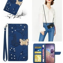 K-Lion Wallet Case for iPhone 7 / 8 / SE 2022 & 2020,Bling Diamond PU Leather Card Holder Flip Case Glossy Kickstand Shockproof Case Cover with Crossbody Lanyard Strap for Women Girls,Darkblue