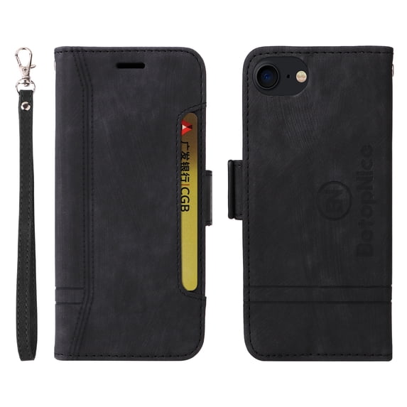 K-Lion Wallet Case for iPhone SE 2022/iPhone SE 2020/iPhone 8/iPhone 7,Shockproof Magnetic Clasp Folio Flip Kickstand ID Credit Card Slots Holder PU Leather Wallet Phone Cover with Wrist Strap,Black