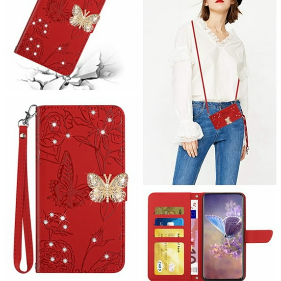 K-Lion Wallet Case for iPhone XR,Bling Diamond PU Leather Card Holder Flip Case Glossy Kickstand Shockproof Case Cover with Crossbody Lanyard Strap for Women Girls,Red