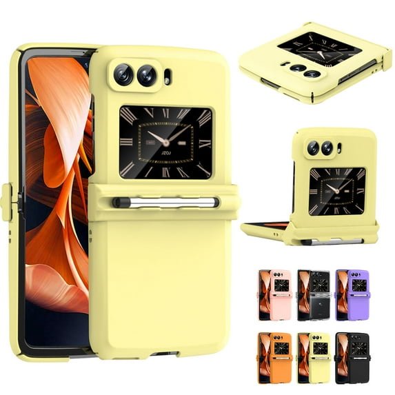 K-Lion for Motorola Razr 2022 Hinge Case, Shockproof Case with Folding Pen Holder Anti-Fall Cover for Motorola Moto Razr 2022 5G 6.7", Yellow