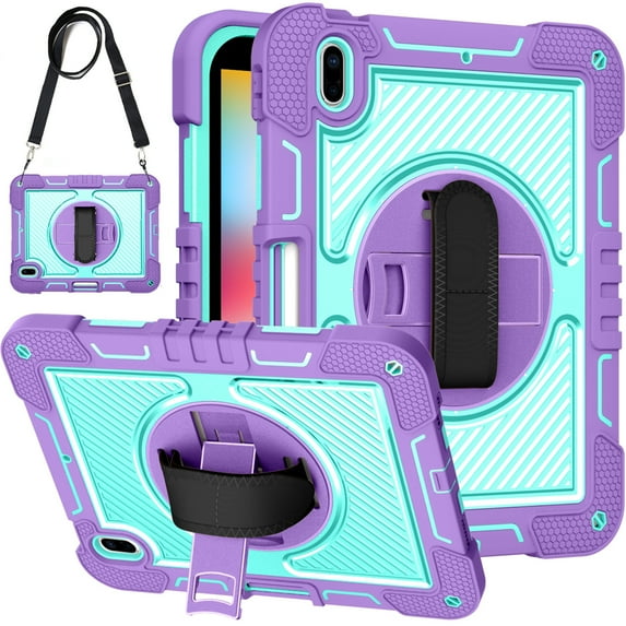 K-Lion for iPad 10th Generation Case with Shoulder Strap, New iPad (2022) Case 10.9 inch with 360 Rotatable Kickstand Hand Strap Heavy Duty Shockproof Case for iPad 10th Gen 10.9",Purple