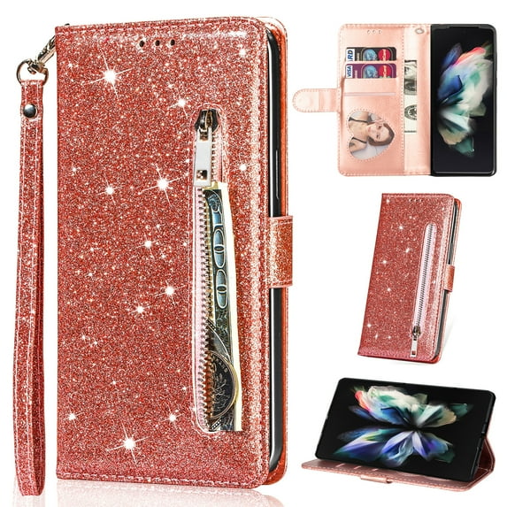 K-Lion for iPhone 11 Glitter Wallet Case, Bling Sparkly PU Leather Zipper Flip Shockproof Protective Case Card Slots Kickstand Full Phone Cover with Strap for Women Girls,Rosegold