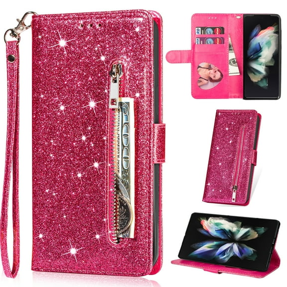 K-Lion for iPhone 11 Glitter Wallet Case, Bling Sparkly PU Leather Zipper Flip Shockproof Protective Case Card Slots Kickstand Full Phone Cover with Strap for Women Girls,Rose