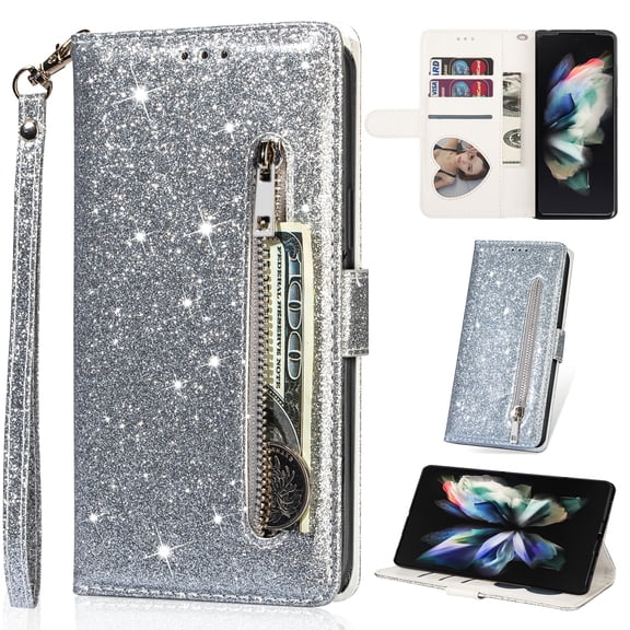 K-Lion for iPhone 11 Glitter Wallet Case, Bling Sparkly PU Leather Zipper Flip Shockproof Protective Case Card Slots Kickstand Full Phone Cover with Strap for Women Girls,Silver
