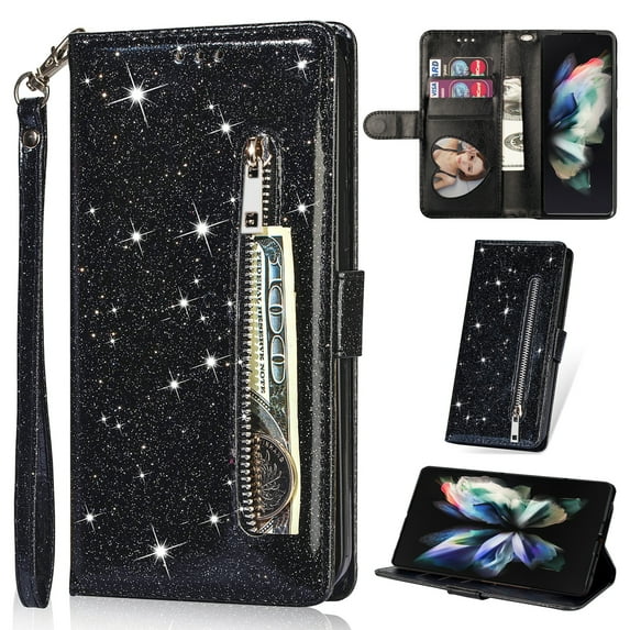 K-Lion for iPhone 13 Pro Glitter Wallet Case, Bling Sparkly PU Leather Zipper Flip Shockproof Protective Case Card Slots Kickstand Full Phone Cover with Strap for Women Girls,Black