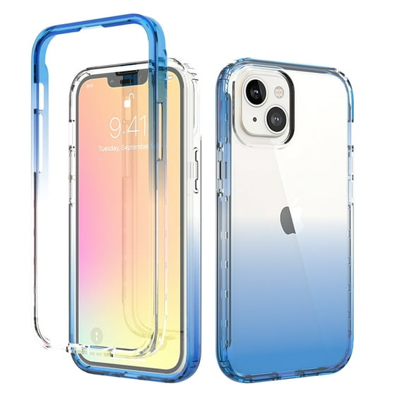 K-Lion for iPhone 14 2022 6.1 inch Clear Crystal Case, Gradient PC + TPU Two-Layer Screen & Camera Protection Shockproof Anti-Yellow Transparent Case, Blue