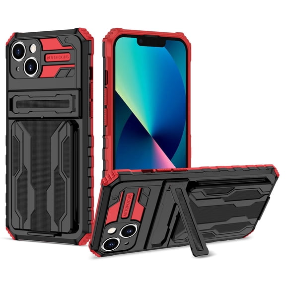 K-Lion for iPhone 14 Armor Case, Heavy Duty Rugged PC Card Slot Hidden Kickstand Bracket Lens Protection Military Grade Dual-Layers Shockproof Anti-Scratch Non-Slip Case, Red