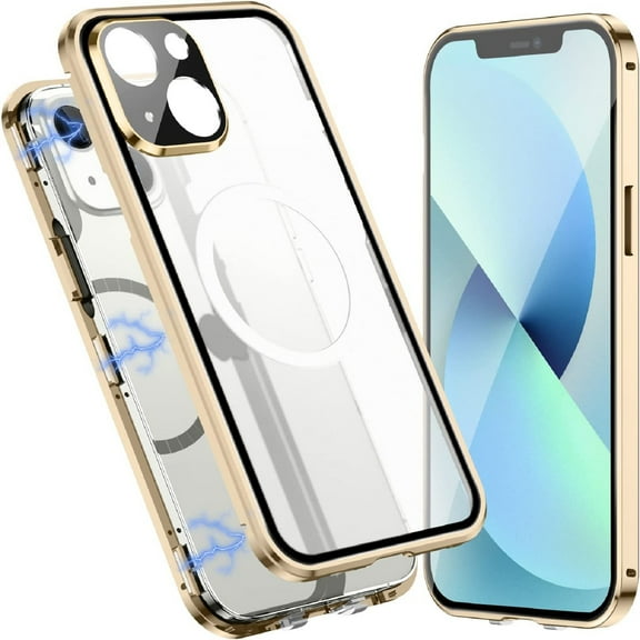 K-Lion for iPhone 14 Clear Case with Strong Magnetic Support Wireless Charging, Clear Back Plating Frame All-Inclusive Lens Protector Anti-Fingerprint Anti-Scratch Shockproof Case, Gold