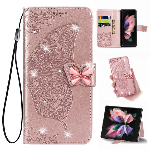 K-Lion for iPhone 14 Plus Folio Flip Case, Luxury Bling Butterfly Embossed PU Leather Wallet Case Stand Card Holder Slots Shockproof Glossy Phone Cover with Wrist Strap ,Rosegold