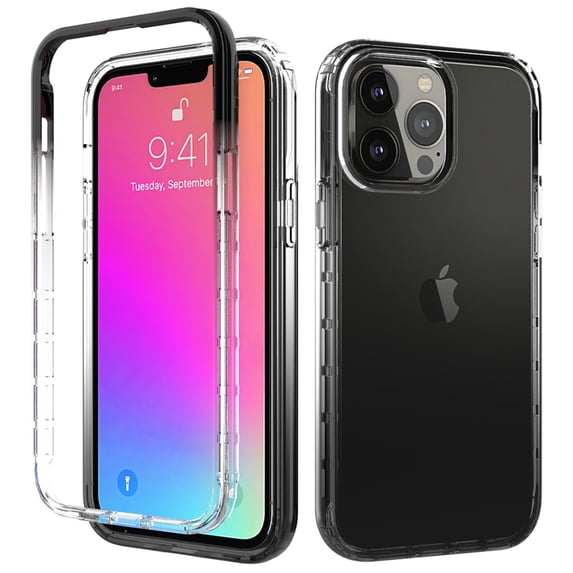K-Lion for iPhone 14 Pro 2022 6.1 inch Clear Crystal Case, Gradient PC + TPU Two-Layer Screen & Camera Protection Shockproof Anti-Yellow Transparent Case, Black