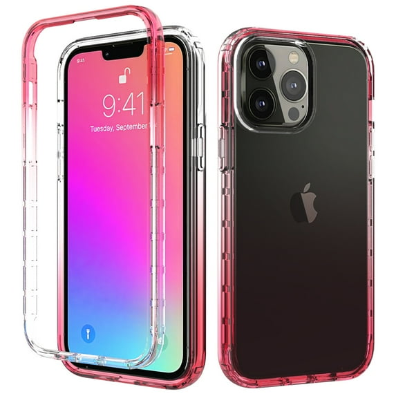 K-Lion for iPhone 14 Pro 2022 6.1 inch Clear Crystal Case, Gradient PC + TPU Two-Layer Screen & Camera Protection Shockproof Anti-Yellow Transparent Case, Red