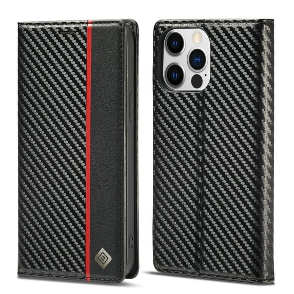 K-Lion for iPhone 14 Pro 6.1 inch 2022 Folio Case, Carbon Fiber Flexible TPU Kickstand Card Slots Cash Pocket Magnetic Buckle Full Protetcion Shockproof Flip Case for iPhone 14 Pro, Vertical Line
