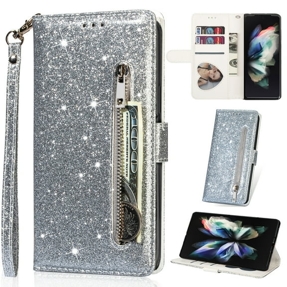 K-Lion for iPhone 14 Pro Glitter Wallet Case, Bling Sparkly PU Leather Zipper Flip Shockproof Protective Case Card Slots Kickstand Full Phone Cover with Strap for Women Girls,Silver