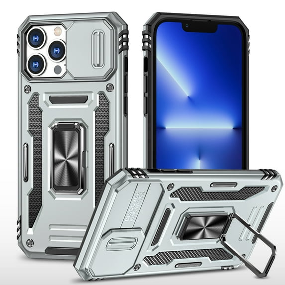 K-Lion for iPhone 14 Pro Max 6.7 inch Case, Magnetic Metal Ring Holder Kickstand Camera Lens Cover Heavy Duty Rugged Full Body Protection Anti-Scratch Shockproof Case, Gray