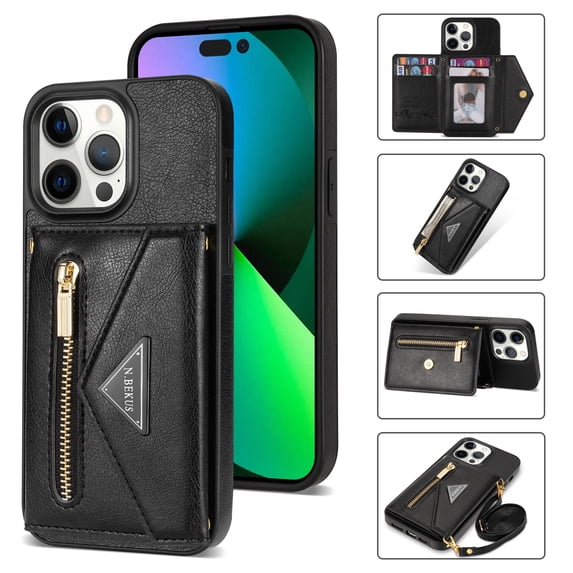 K-Lion for iPhone 14 Pro Max Leather Wallet Case, Zipper Pocket Card Slots Kickstand Function Adjustable Crossbody Shoulder Strap Shockproof Purse Phone Case for iPhone 14 Pro Max,Black