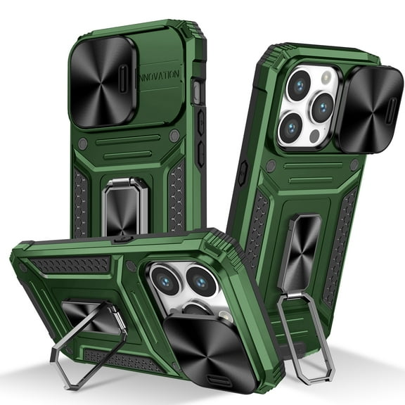 K-Lion for iPhone 14 Rugged Case, Heavy Duty Slide Camera Lens Military Grade Drop Protection Case Magnetic Ring Holder Stand Shockproof Case Cover for iPhone 14,Darkgreen