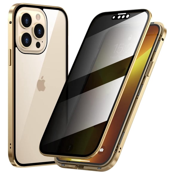 K-Lion for iPhone 15 Case with High Sensitivity Privacy Screen,Luxury Shockproof Plating Metal Frame Anti-Peep Double Sided 360 All Round Protection Case Cover for iPhone 15,Gold