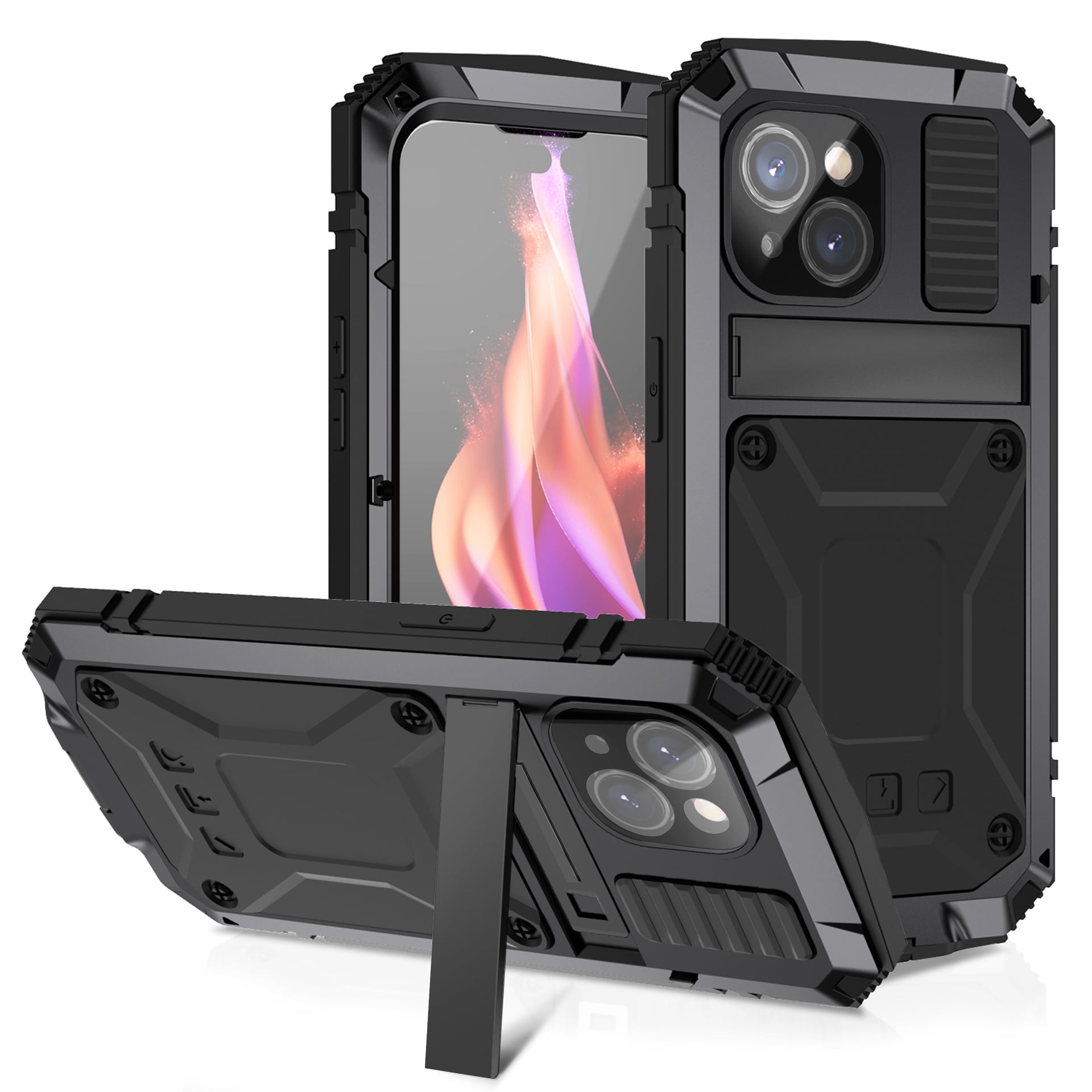 K-Lion for iPhone 15 Plus Rugged Case,Fashion Heavy Duty Shockproof Protective Case Hybrid Kickstand Dustproof Full Body Cover with Built-in Tempered Glass Screen Protector for iPhone 15+,Black