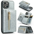 thumbnail image 1 of K-Lion for iPhone 15 Plus Wallet Case, Glitter Glossy 2 in 1 Design Zipper Pocket PU Leather Shockproof Protective Case Card Slots Holder Magnetic Kickstand Full Case Cover for iPhone 15+, Silver, 1 of 11