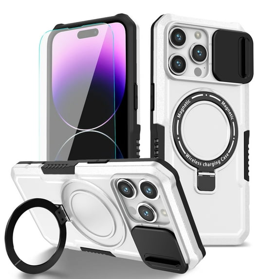 K-Lion for iPhone 15 Pro Case with Screen Protector,Mag Safe Magnetic Ring Holder Stand Shockproof Protective Case Military Grade Drop Protection Bumper Cover Case for iPhone 15 Pro,White + Black