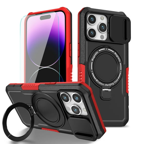 K-Lion for iPhone 15 Pro Case with Screen Protector,Mag Safe Magnetic Ring Holder Stand Shockproof Protective Case Military Grade Drop Protection Bumper Cover Case for iPhone 15 Pro,Black + Red
