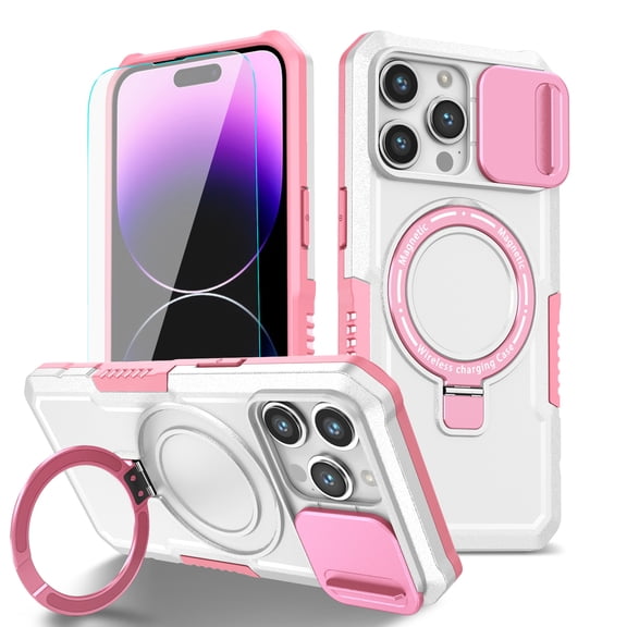 K-Lion for iPhone 15 Pro Max Case with Screen Protector,Mag Safe Magnetic Ring Holder Stand Shockproof Protective Case Military Grade Drop Protection Bumper Cover Case for iPhone 15 Pro MaWhite + Pink