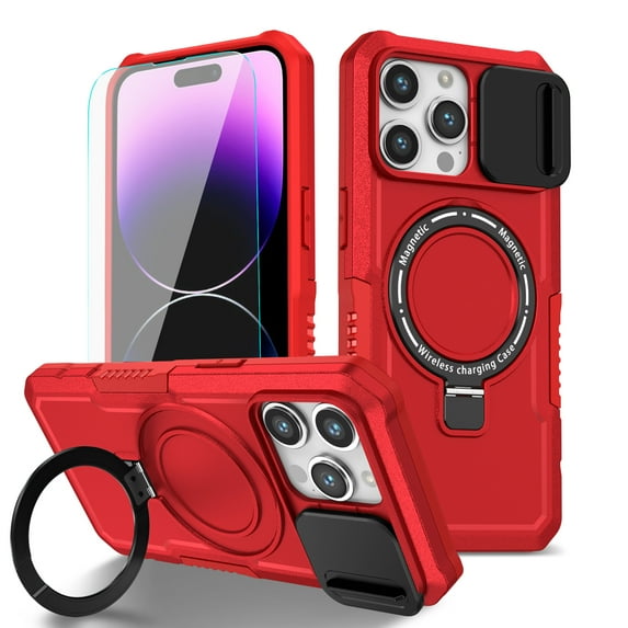 K-Lion for iPhone 15 Pro Max Case with Screen Protector,Mag Safe Magnetic Ring Holder Stand Shockproof Protective Case Military Grade Drop Protection Bumper Cover Case for iPhone 15 Pro Max,Red