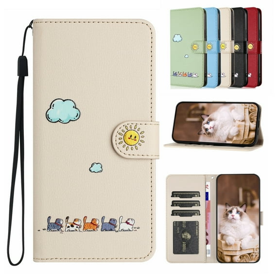 K-Lion for iPhone 15 Pro Max Flip Folio Case,Cute Cartoon Cat Pattern PU Leather Card Slots Wallet Case Kickstand Shockproof Full Body Protective Case Cover for iPhone 15 Pro Max,Beige