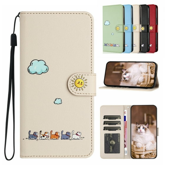 K-Lion for iPhone 15 Pro Max Flip Folio Case,Cute Cartoon Cat Pattern PU Leather Card Slots Wallet Case Kickstand Shockproof Full Body Protective Case Cover for iPhone 15 Pro Max,Beige