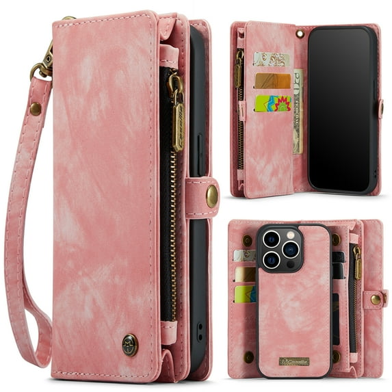 K-Lion for iPhone 15 Pro Max Wallet Case ,Luxury Magnetic PU Leather Zipper Purse 2 in 1 Design Shockproof Flip Case Card Slot Kickstand Phone Cover with Lanyard for Women Men ,pink