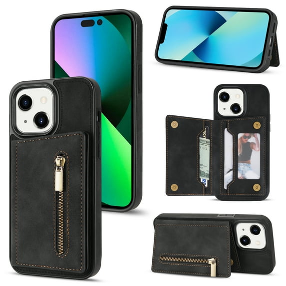 K-Lion for iPhone 15 Wallet Case, Fashion Luxury Leather Zipper Pocket Shockproof Protective Case Card Slot Holder Kickstand Phone Cover for Women Girls for iPhone 15, Black