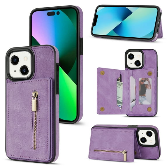 K-Lion for iPhone 15 Wallet Case, Fashion Luxury Leather Zipper Pocket Shockproof Protective Case Card Slot Holder Kickstand Phone Cover for Women Girls for iPhone 15, Purple